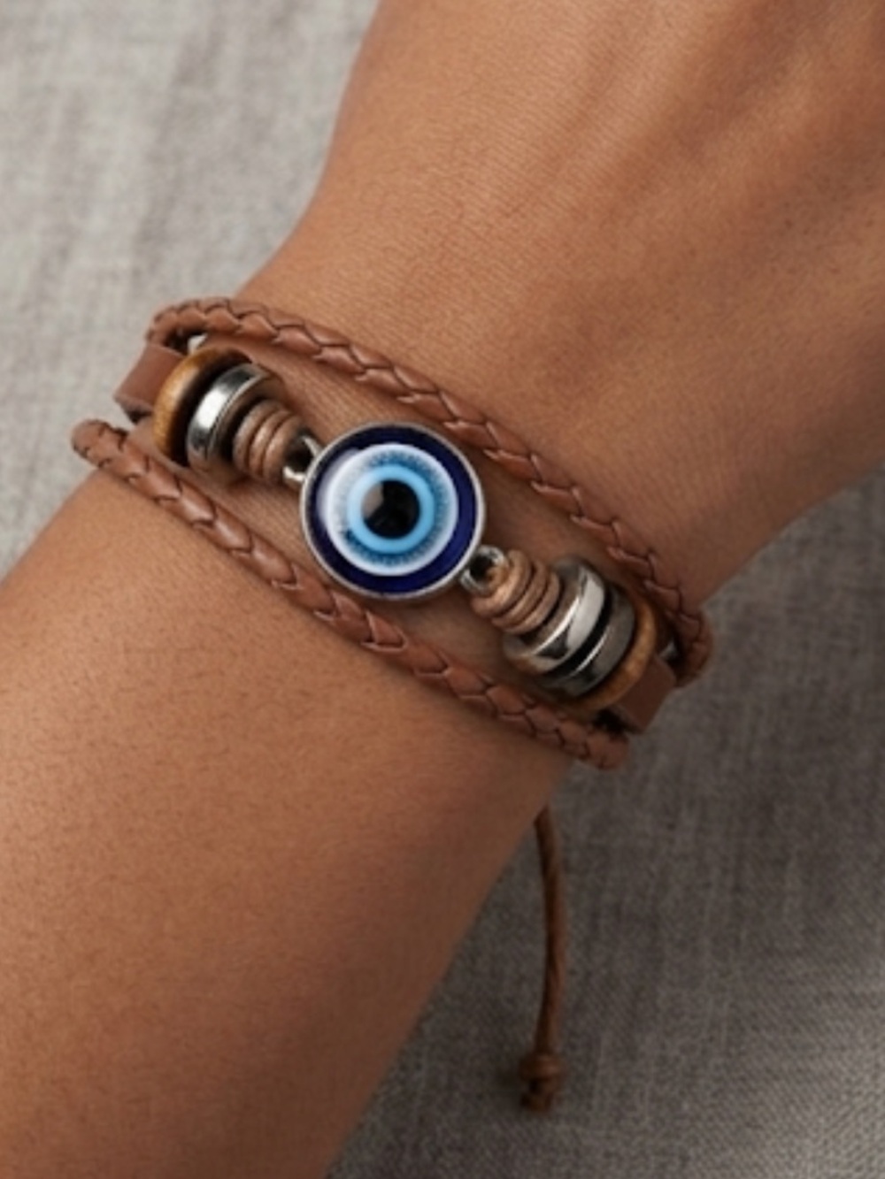 Boho Evil Eye Leather Wrap Bracelet in Brown and Blue